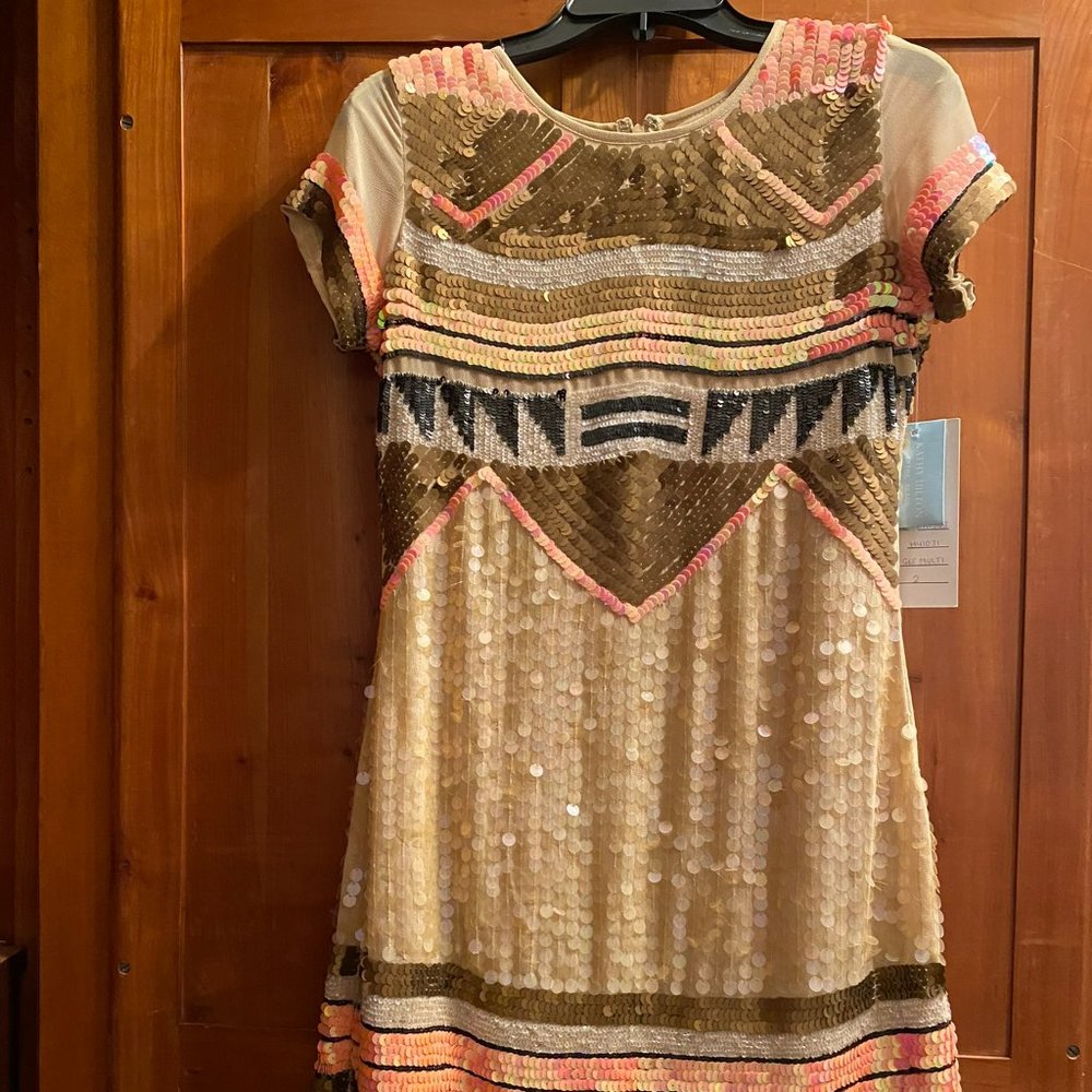 Cream, Pink, and Gold Sequined Dress with Geometric pattern-NWT